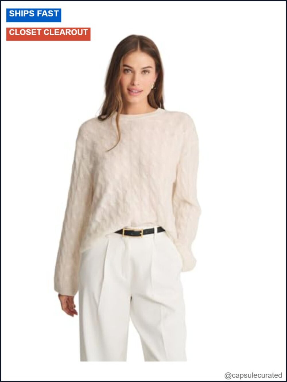 Lightweight 100% Cashmere Cable Oversized Crewneck Sweater